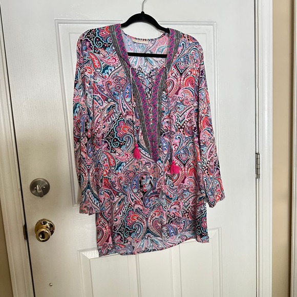 La Blanca Paisley Print Lace Up Long Sleeve Swim Coverup Tunic Size Medium - Picture 4 of 5